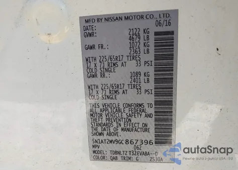 2016 Nissan Rogue Sv из США, поврежденный, VIN 5N1AT2MV9GC867396